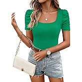 ZESICA Women's Square Neck Puff Sleeve Tops 2026 Summer Ribbed Fitted Casual Work Business Basic T Shirts