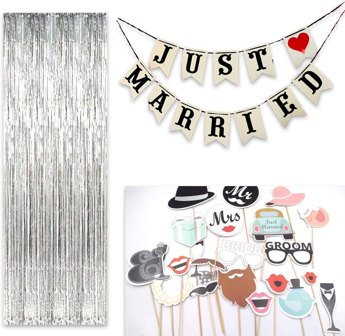 Photo Booth Props Set- DIY Photo Booth kit for weddings, Includes 3ft by 9 ft Foil Fringe Back Drop Curtain, Just Married Banner & 20+ Wedding Photo Booth Props Set (Silver)