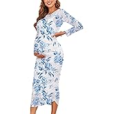 CYCLAMEN 2025 Maternity Mesh Dress Ruched Side Round Neck Pregnancy Dresses Baby Shower Wedding Guest Cocktail Party, Large Floral Light Blue, M