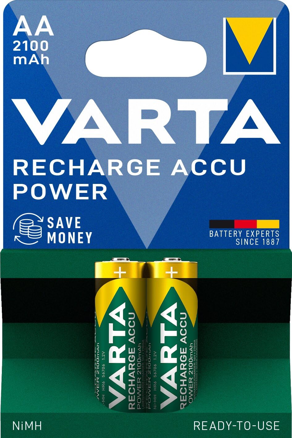 VARTA 1213 Recharge Accu Power, Ready-To-use pre-charged AA Mignon NiMH rechargeable battery (2-pack, 2100 mAh) - without memory effect โ image 1