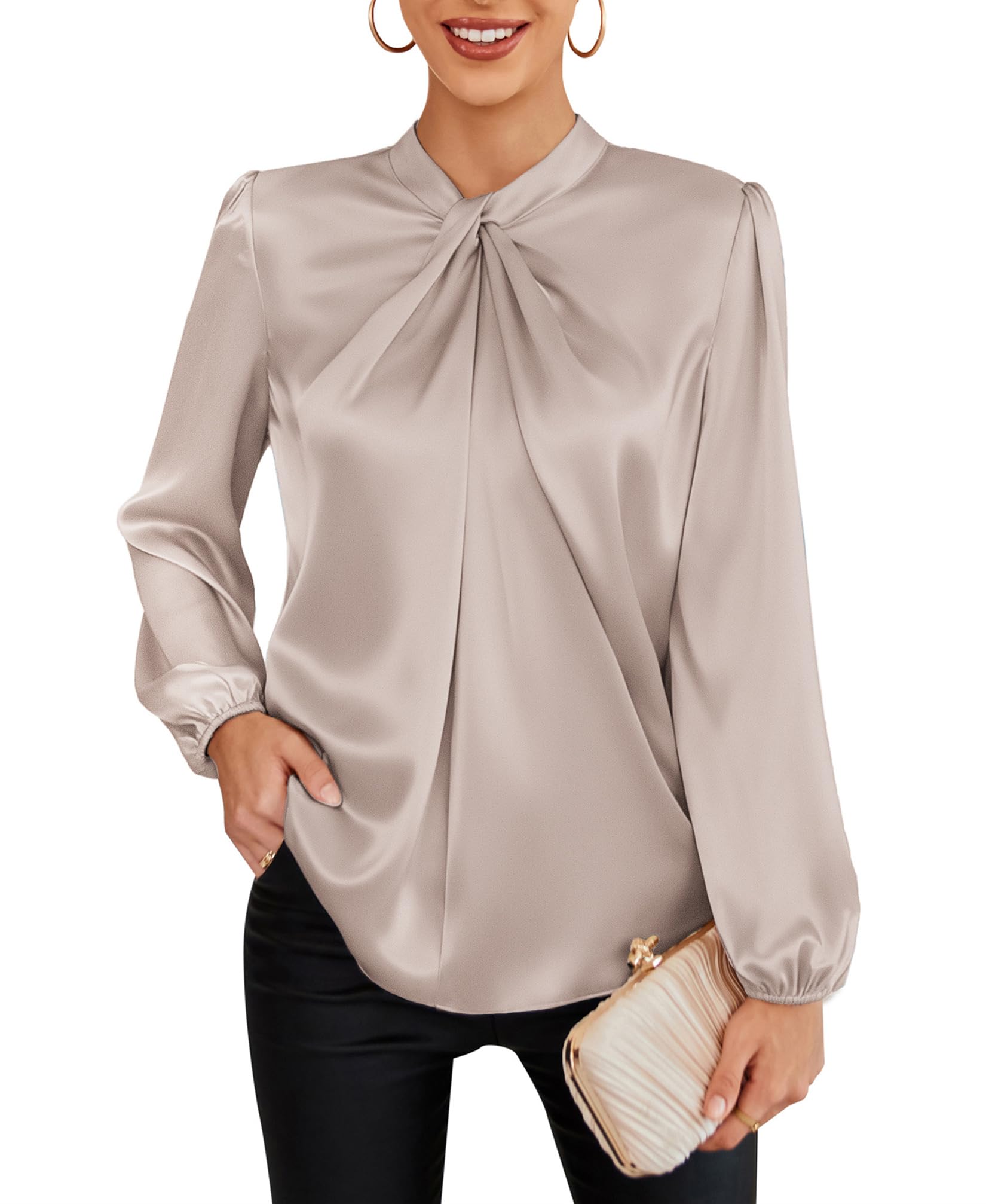 Photo 1 of ***(MINOR DAMAGE/ STAINED)***GRACE KARIN Women's Long Sleeve Shirts Mock Neck Casual Satin Blouse Tops for Business Office Work Khaki M