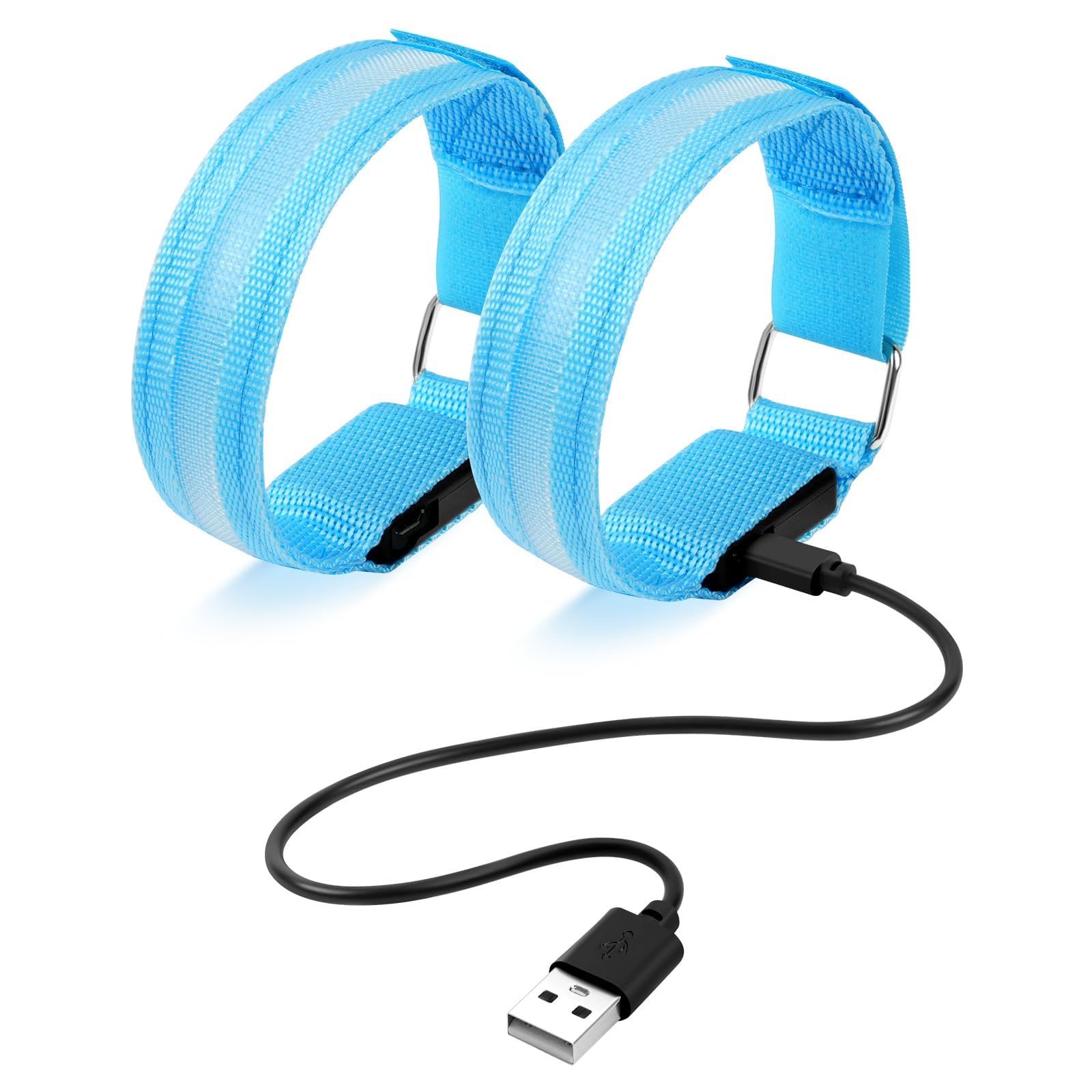 Ainiv 2PCS LED Armband, 3 Lighting Modes Rechargeable LED Armband Light, USB Reflective Band Bracelets, Adjustable Flashing Safety Ankle Armband Slap for Outdoor Jogging Cycling Running Sport-Blue