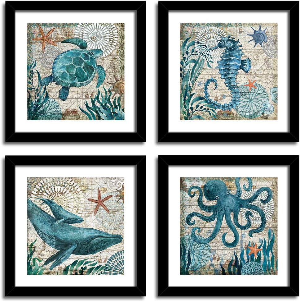 YOOOAHU 4 Pieces Canvas Prints Home Wall Decor Art Collection of Marine Animals Watercolor Sea Turtle Seahorse Whale Octopus Ocean Animal Pictures Modern Artwork Ready to Hang -12"x12"x4 Panels(BK)