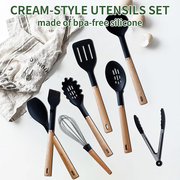 JIUFEI HOME 13-PIECE SILICONE KITCHEN UTENSILS SET, WOODEN HANDLE NONSTICK COOKING TOOLS WITH SPATULA TURNER TONGS LADLE, HEAT RESISTANT 450°F BPA-FREE DISHWASHER SAFE COOKWARE ACCESSORIES (WHITE)