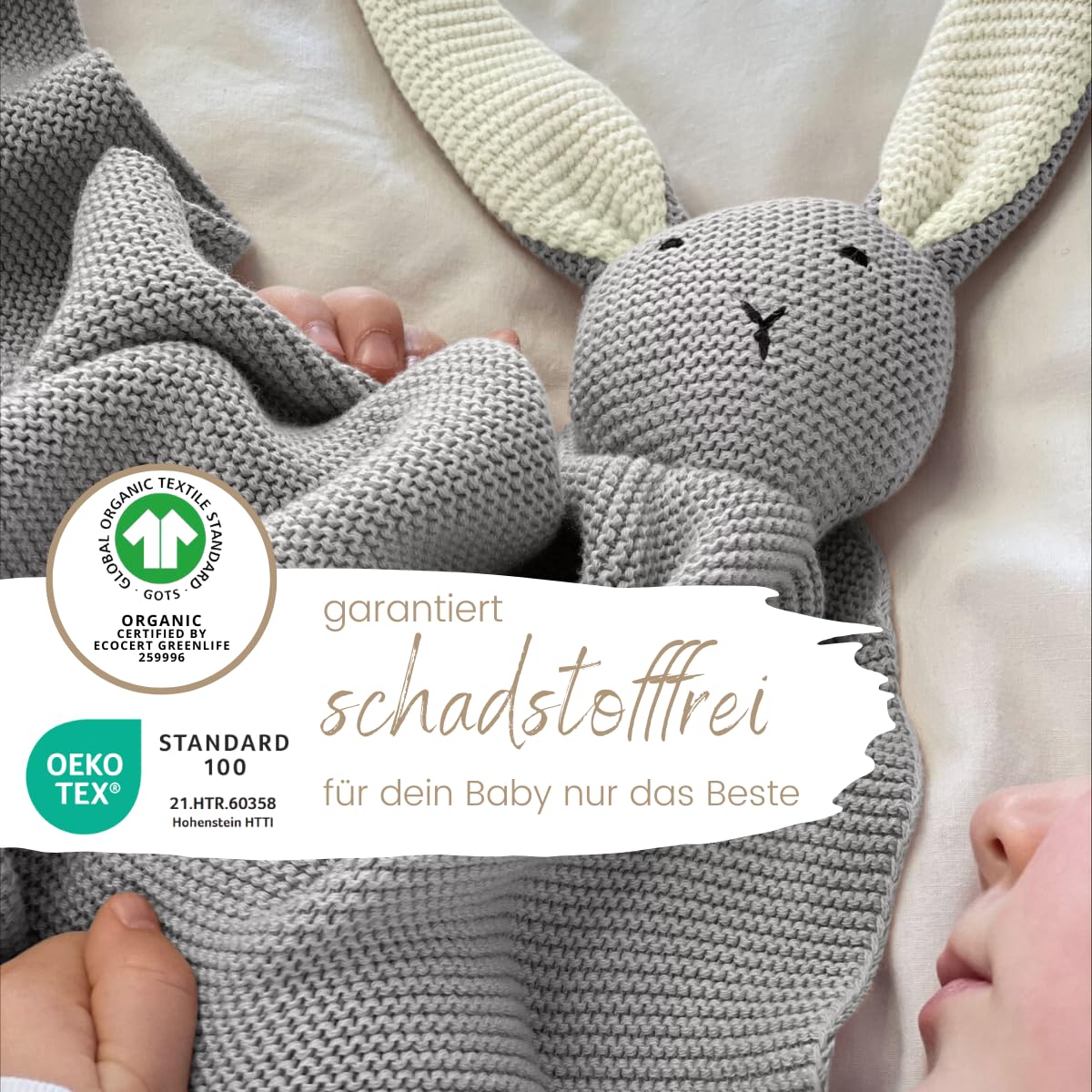 DIKOS Original 2-in-1 Babydecke & Kuscheltuch SCHMUSE-Hase (grau) – schönes Geschenk zur Geburt für Neugeborene Mädchen/Junge – aus weicher Bio-Baumwolle (GOTS) – ideal als erstes Baby Kuscheltier 3