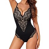 Bolsamila Women's Lingerie Teddy Bodysuit Lace One-Piece V-Neck Double Laye Spaghetti Strap Mesh Sexy Body Shaper S-XXL