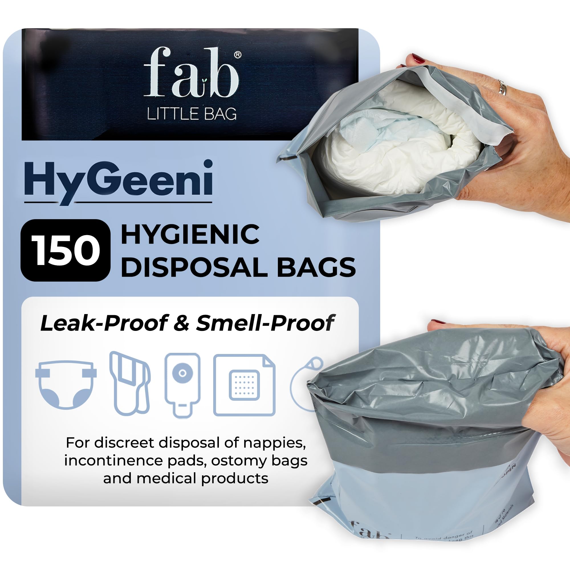 Fab Little Bag HyGeeni Nappy Disposal Bags, 150 Pack - Sanitary Bags for Adult Nappies, Ostomy Bag, Incontinence, Medical Waste - No Mess, No Odour - Eco-Friendly