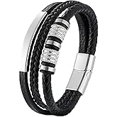 Mrcaois Men’s Leather Bracelet with 316L Stainless Steel Buckle – Braided Multi‑Layer Wristband Cuff Gift for Men Black/Gold Plated/White Gold Plated Size 8.3″/9″