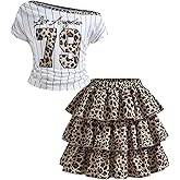 SweatyRocks Girl's Clothing Sets Y2k Leopard Number Off the Shoulder Jersey Shirt and Layered Skirt Sets