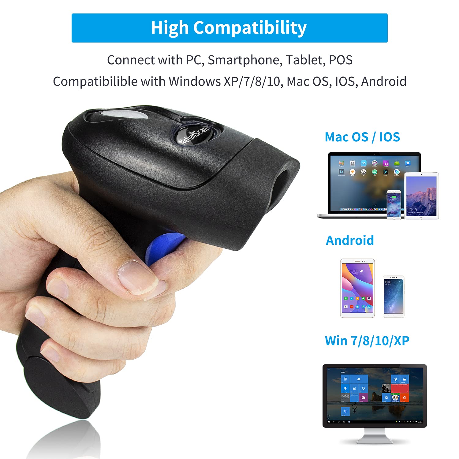 NetumScan Bluetooth QR Barcode Scanner with Stand, 3 in 1 Wireless 1D 2D Bar Code Scanner USB Image Bar Code Reader for Computer, Tablet, iPhone, iPad, Android
