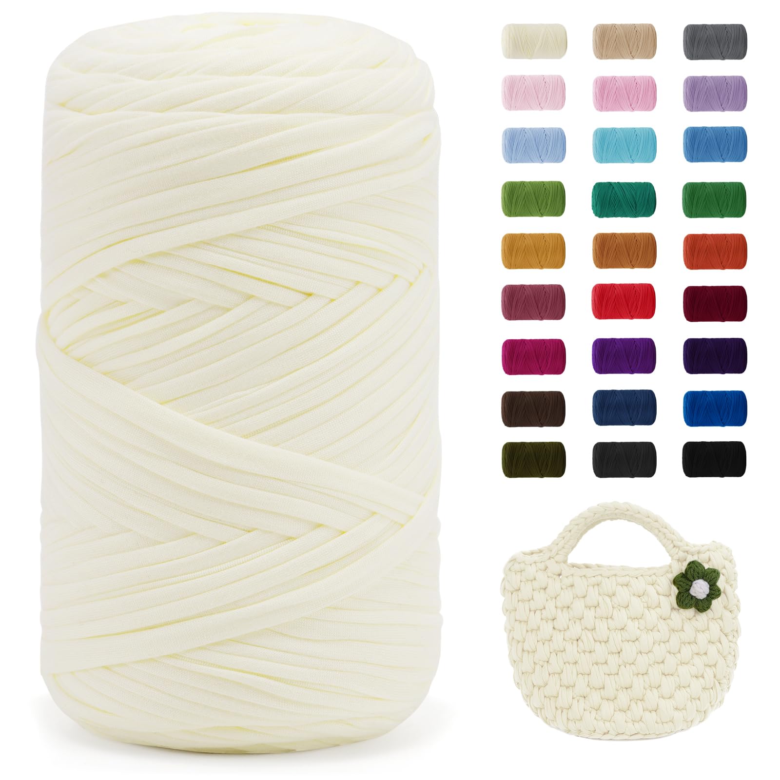 Uiopa Cream T-Shirt Yarn, 400g/120m Elastic Fabric Crochet Cloth T Shirt Yarn, Chunky Hand Knitting Polyester Ribbon for Crocheting Bags/Baskets/Rugs, Home Decor, DIY Crafts
