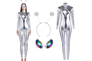 Maiteenly Women's Shiny Metallic Unitard Bodysuit Catsuit Alien Headband and Glasses Halloween Jumpsuit Costume Accessories