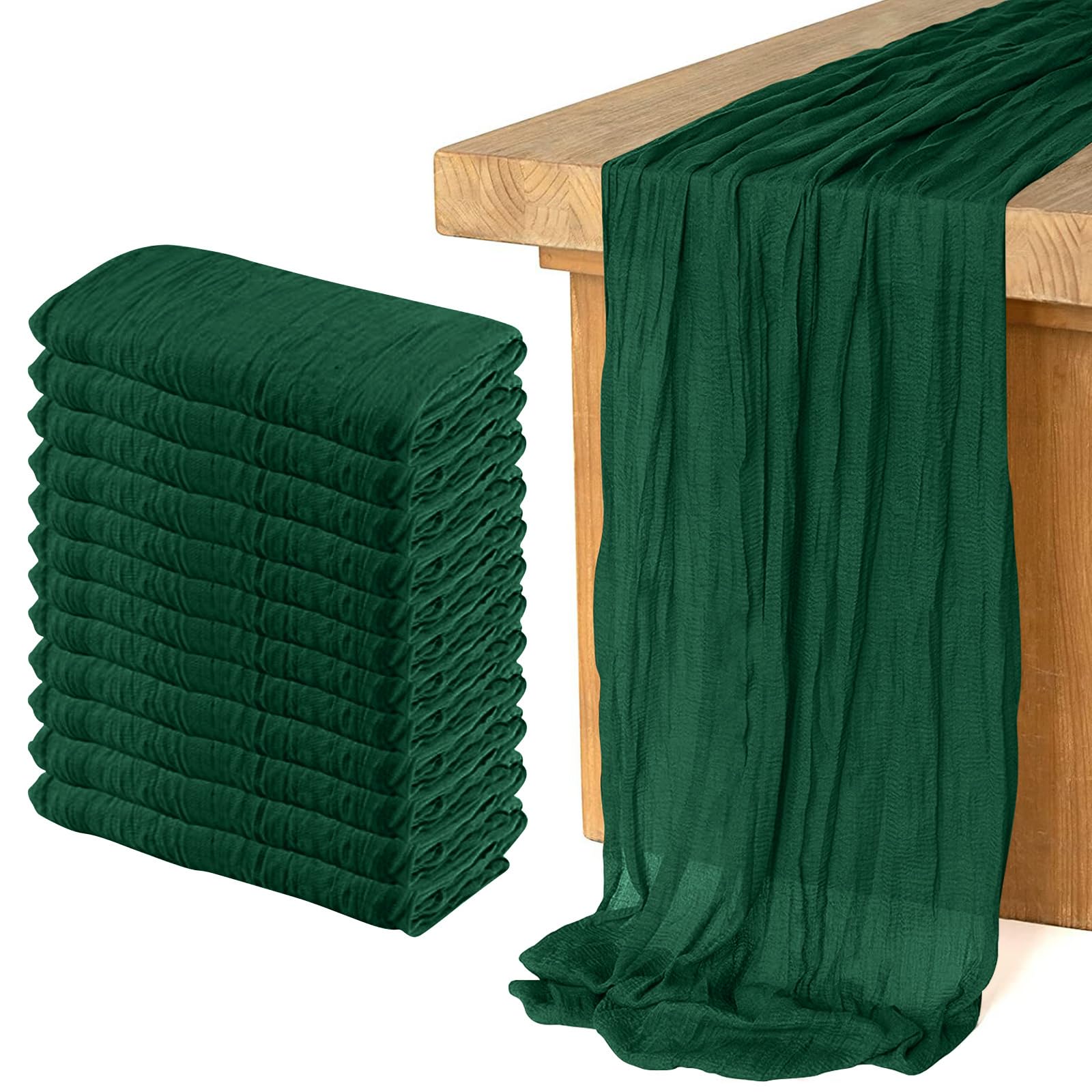 Photo 1 of 12 Pack Cheesecloth Table Runner 10Ft Christmas Gauze Boho Table Runners for Wedding Decor Bridal Shower Decorations Baby Shower Party(35" x 120")(Emerald Green)