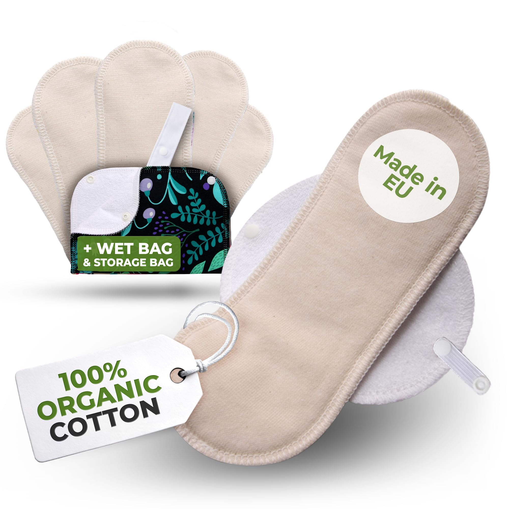 Made in EU – Reusable Sanitary Pads for Light Flow (6 Pack, S+M) – High-Temp Washable, Durable Cloth Period Pads for Women & Teens – Breathable Organic Cotton & Secure-Fit for Menstrual Comfort