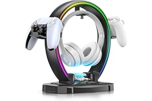 KDD RGB Headphone & Controller Stand with 9 Light Modes - Foldable Controller Hanger for Desk - Earphone Stand with Cable Org