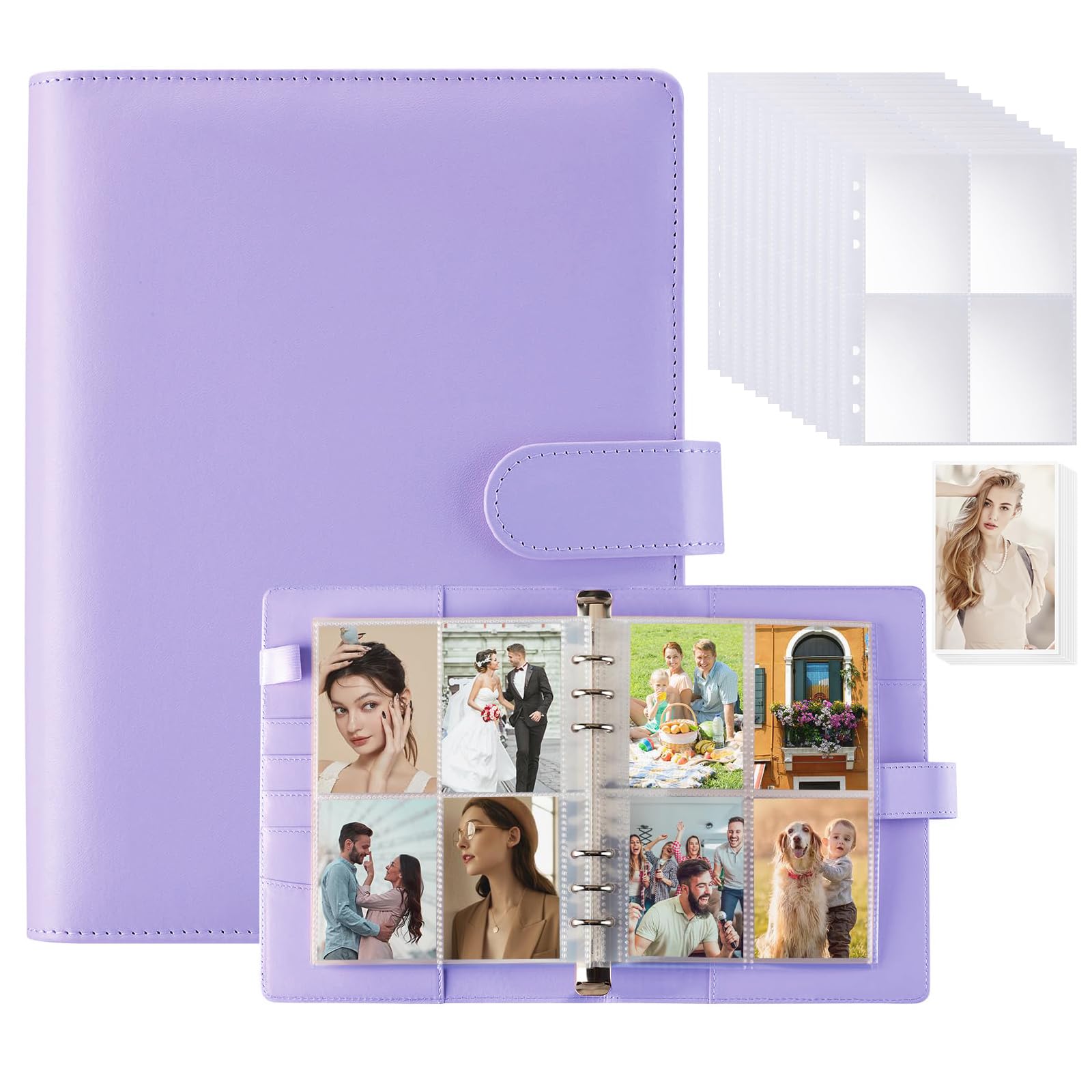 A5 Kpop Photocard Binder - 6 Ring A5 Binder Card Collector Album Photocard Holder Book with 200 Card Slots, PU Leather Cover & Magnetic Buckle Closure for Fujifilm Instax Mini straykids Albums, Purple