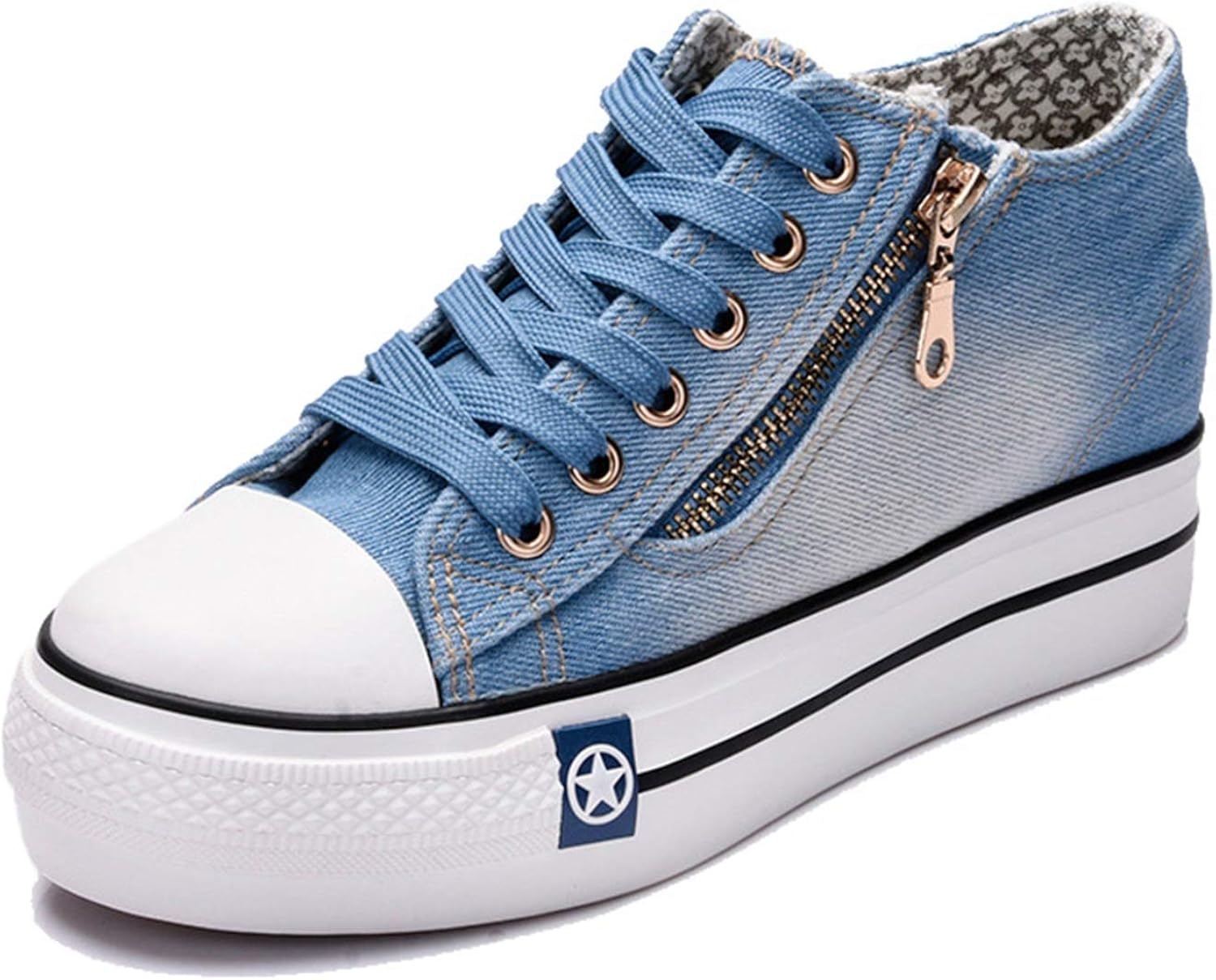 Women Canvas Shoes Denim Upper Metal Decor Zip Low Top Hidden Heel