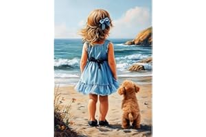 KEYIFA Girl and Dog Diamond Art Kits for Adults, DIY Diamond Painting Beach, Round Full Drill, 5D Crystal Embroidery Mosaic P