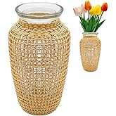 MDEOOSKY Straw Woven Glass Vase 7.9''x2.36''x3.5''Boho Glass Flower Vase Country Rustic Style Vase Glass Vase for Floral Arrangements Bottle Height (A Style 7.9IN)