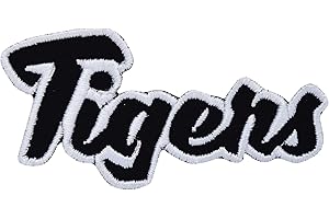 WHOLESALE APPLIQUE (2"x4") Tigers, Team Mascot, Embroidered, Iron on Patch (Black Twill/White Outline)