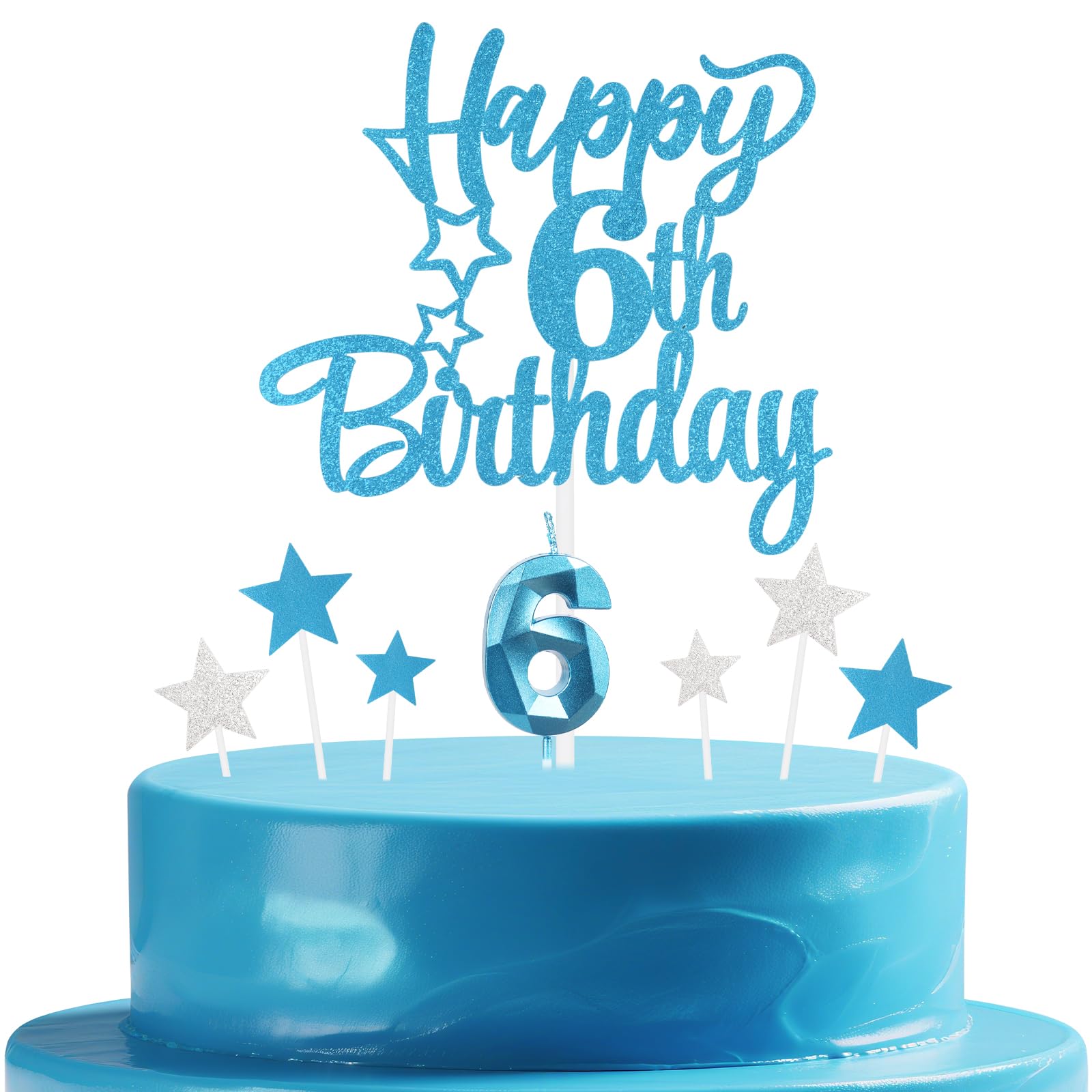 mciskin Blue 6th Birthday Candles Cake Toppers Set,3D Number 6 Candle for Cake,Light Blue Candles Silver Star Toppers for Girls Boys 6th Birthday Decorations Party Supplies