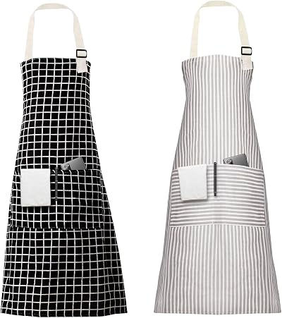 Vicloon Unisex Adjustable Bib Apron 2 Pcs with 2 Pockets Black White