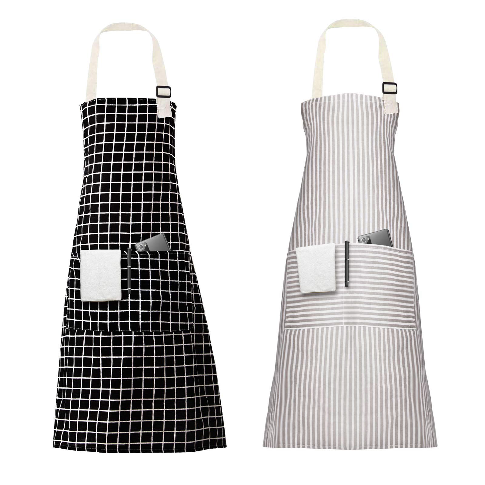 Vicloon Unisex Adjustable Bib Apron, 2 Pcs Apron with 2 Pockets Cooking Kitchen Chef Aprons, Women Men Aprons for Home Kitchen, Restaurant, Coffee house (Black/White)