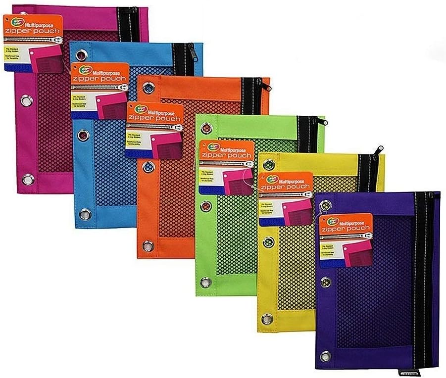 PowerTRC 3-Ring Bright Color Pencil Pouches with Mesh Window for School, Work, Or Home (Assorted Colors) (6)