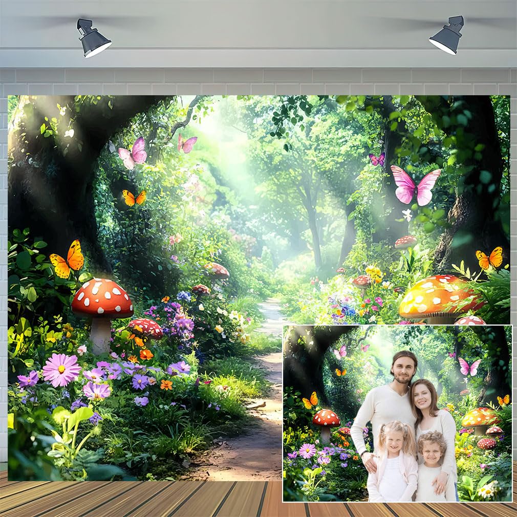 Photo 1 of 10X8ft Fairy Tale Backdrop Enchanted Woodland Spring Butterfly Mushroom Colourful Flower Fairy Forest Road Princess Birthday Baby Shower Photography Background Banner Photo Shoot Props