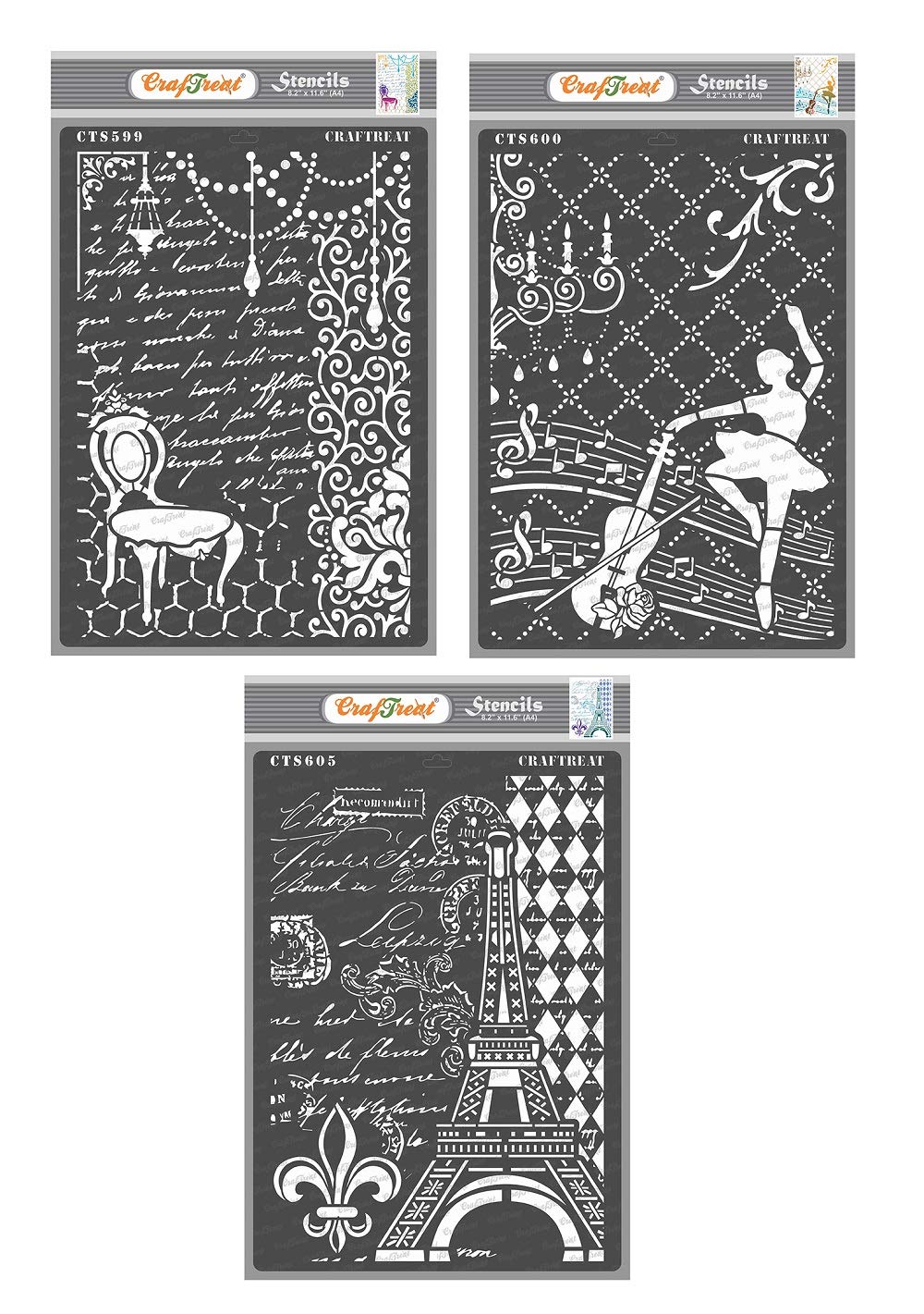 CrafTreat Mixed Media Stencils for Crafts Reusable Vintage - Royal Chair, Dance to Music and Eiffel Tower Script (3Pcs) - Size: A4 - Reusable DIY Arts and Crafts Stencils for Painting on Canvas