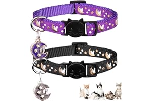 BAEUPPIT 2Pcs Breakaway Cats Collars Cat Collars for Boy & Girl Cats Moons Adjustable Kitten Collars with Bell & Pendant Glow in The Dark,Purple+Black