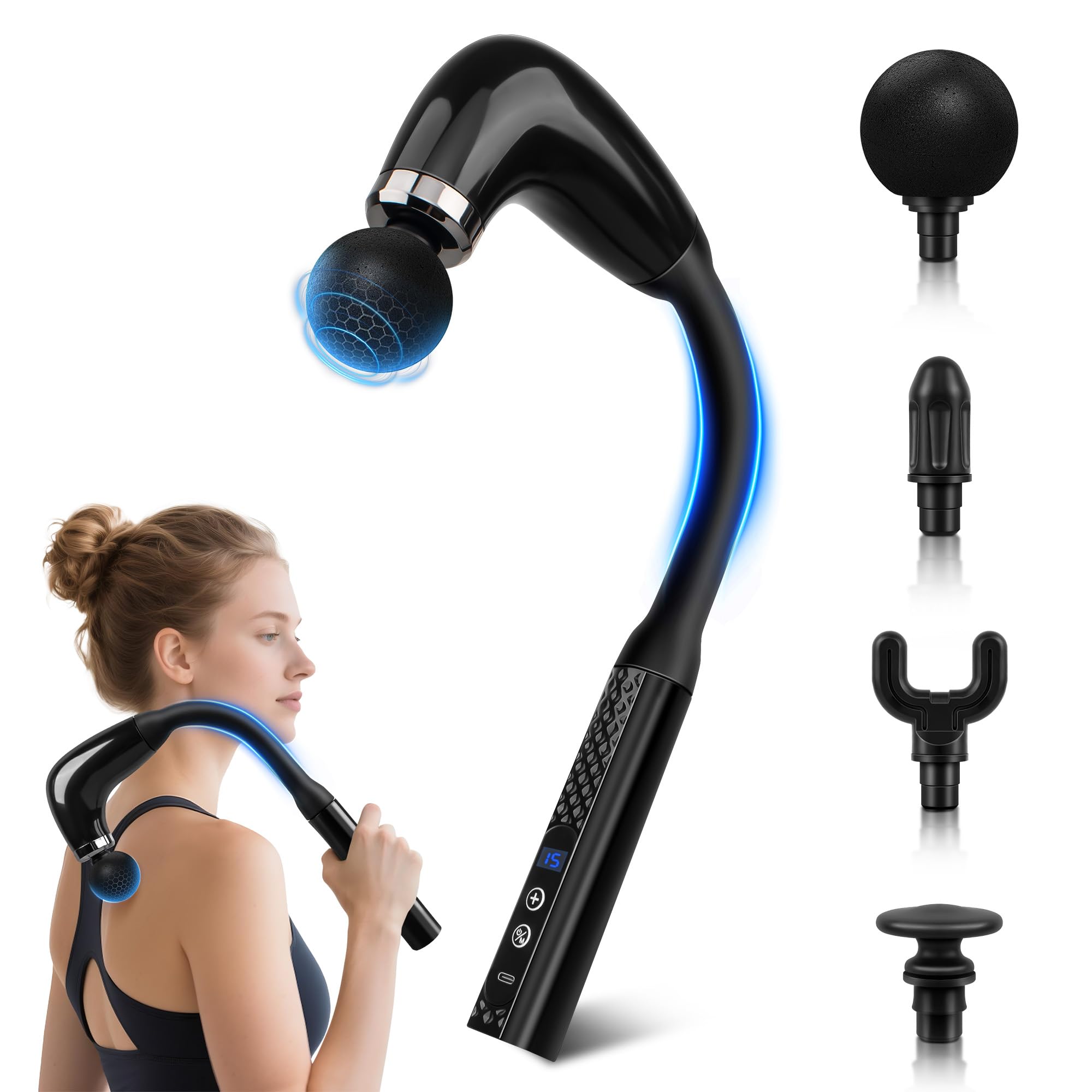 Photo 1 of Kocuno Massage Gun with Extension Handle, Back Massager for Pain Relief Deep Tissue, Equipped with 4 Massage Heads & 9 Speed Levels, Massage Hammer for Back/Neck/Shoulders/Waist/Legs (Black)