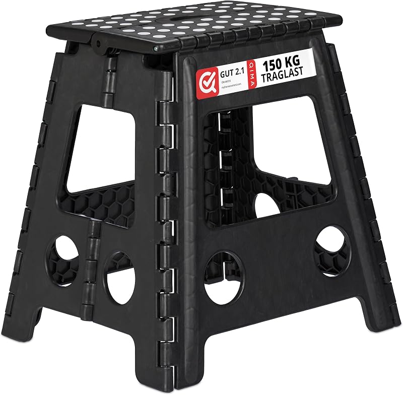 Taburete Plegable, Portátil, Escalón Baño, para Niños o Viajes, Resiste hasta 150 kg, 39 x 39 x 32 cm, Negro