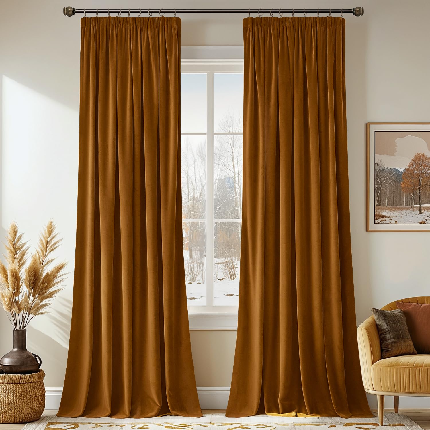 MIULEE Golden Brown Velvet Pencil Pleat Darkening Curtains for Bedroom 2 Panel Set, Super Soft Luxury Home Decor Living Room, Thick Room Darkening Curtains 90 Drop, Each 46 x 90 Inche