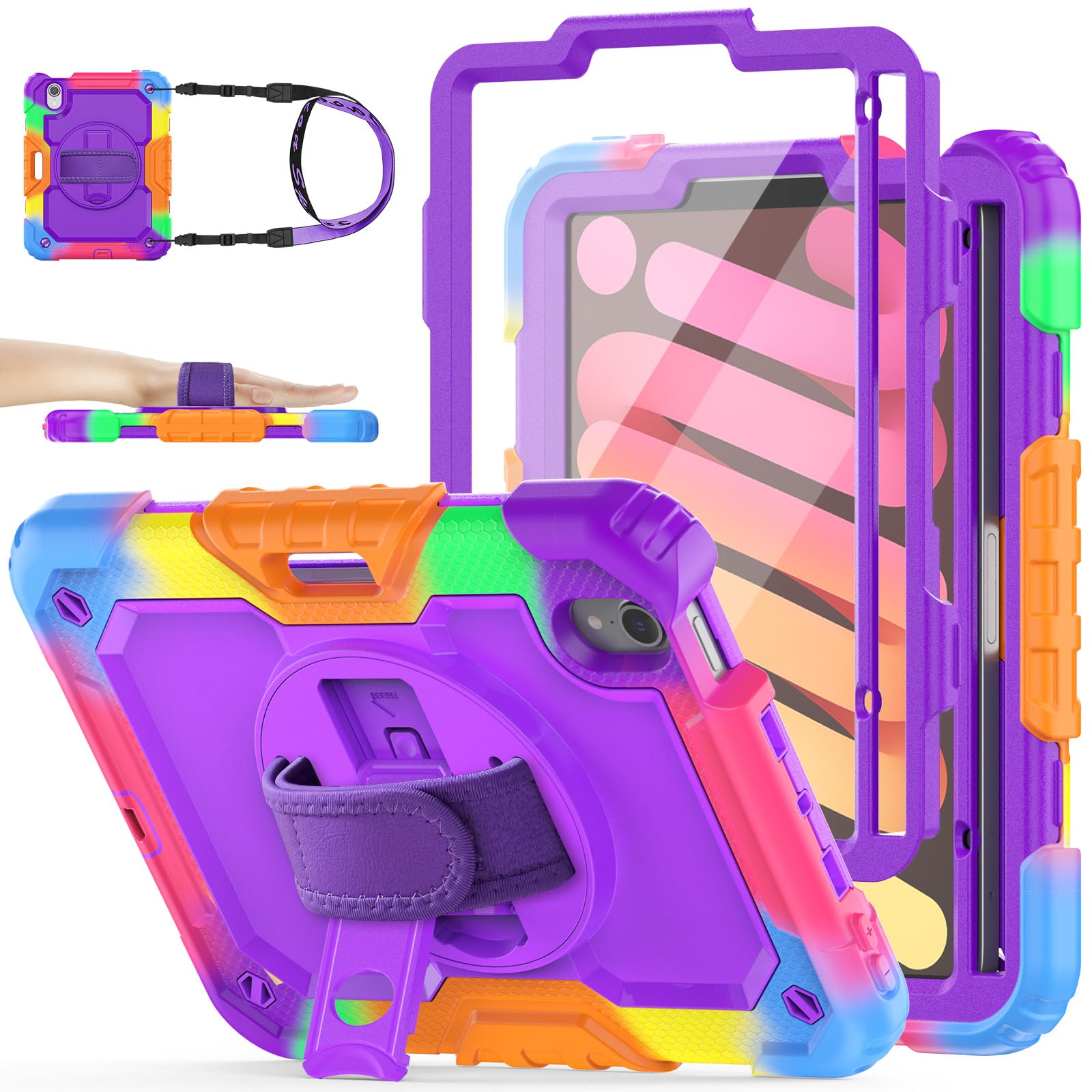 Photo 1 of SEYMAC stock Case for iPad Mini 7 (A17 Pro)2024/ Mini 6 8.3'' with Screen Protector Pencil Holder [360 Rotating Hand Strap] &Stand, Drop-Proof Case for iPad Mini 7th/6th Generation 8.3"Purple+Colorful