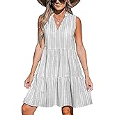 CUPSHE Women's Ruffle Beach Mini Dress Split V Neck A Line Sleeveless Geometric Stripe Tropical Leaf Pattern Summer Dresses