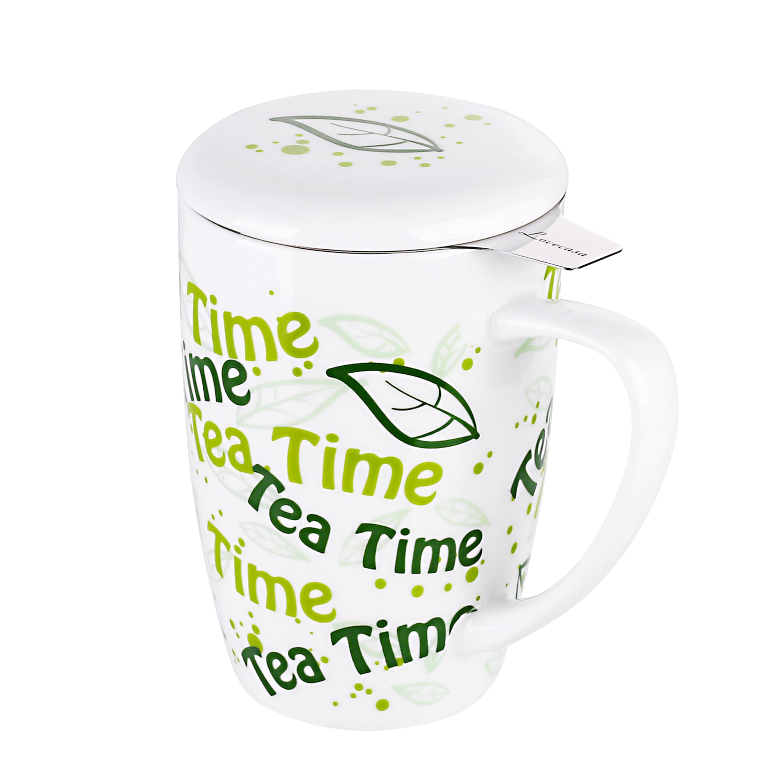 LOVECASA, Tea Cup with Infuser in Porcelain, Large Mug, Tea Pot with Stainless Steel Filter, 450 ML Cup with Lid