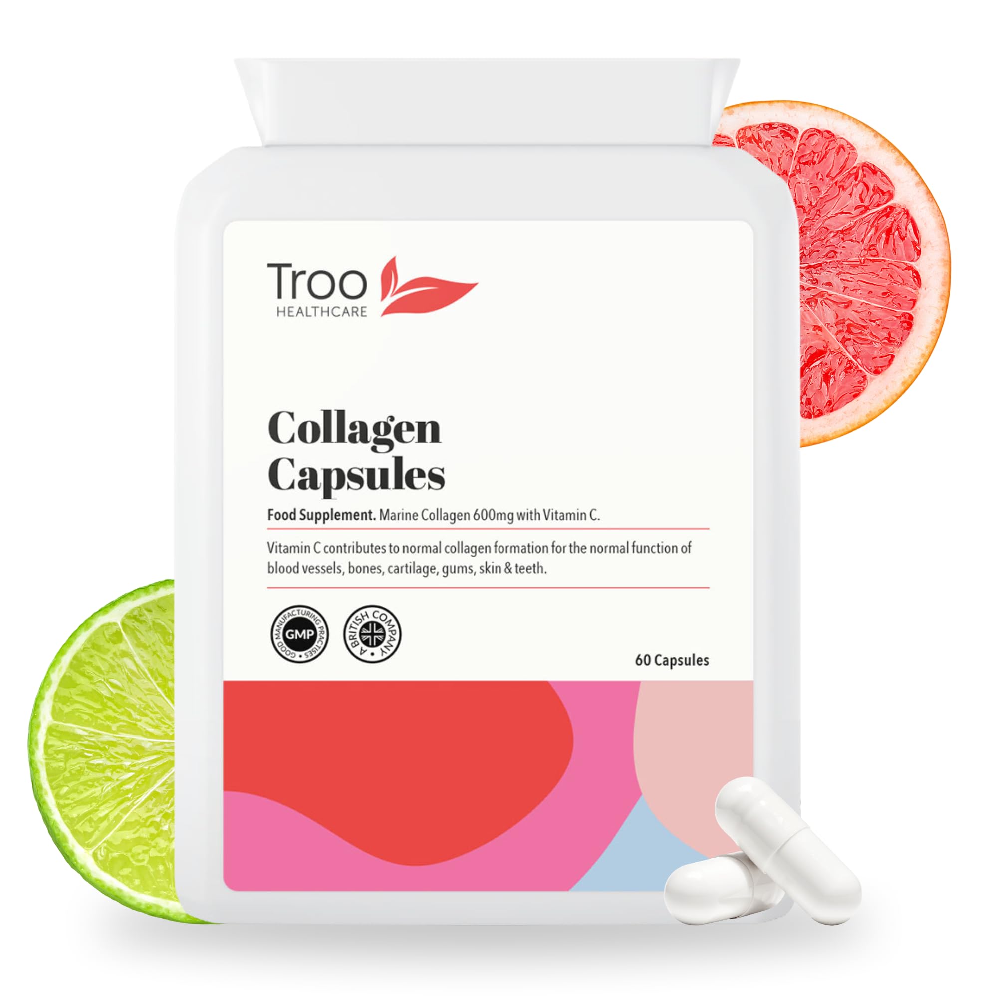 Troo Health Troo Marine Collagen Supplement - 60 High Strength Capsules 1200mg Serving - Hydrolysed Marine Collagen Peptides with Vitamin C to Support Healthy Skin - UK Manufactured to GMP Standards