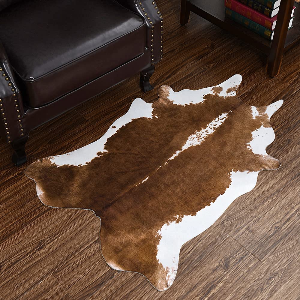 Photo 1 of HOMORE Cowhide Rug, Cute Cow Print Rug for Living Room Faux Cow Hide Animal Print Carpet for Bedroom Office Table, 3.6 x 2.3 Feet, Khaki Brown