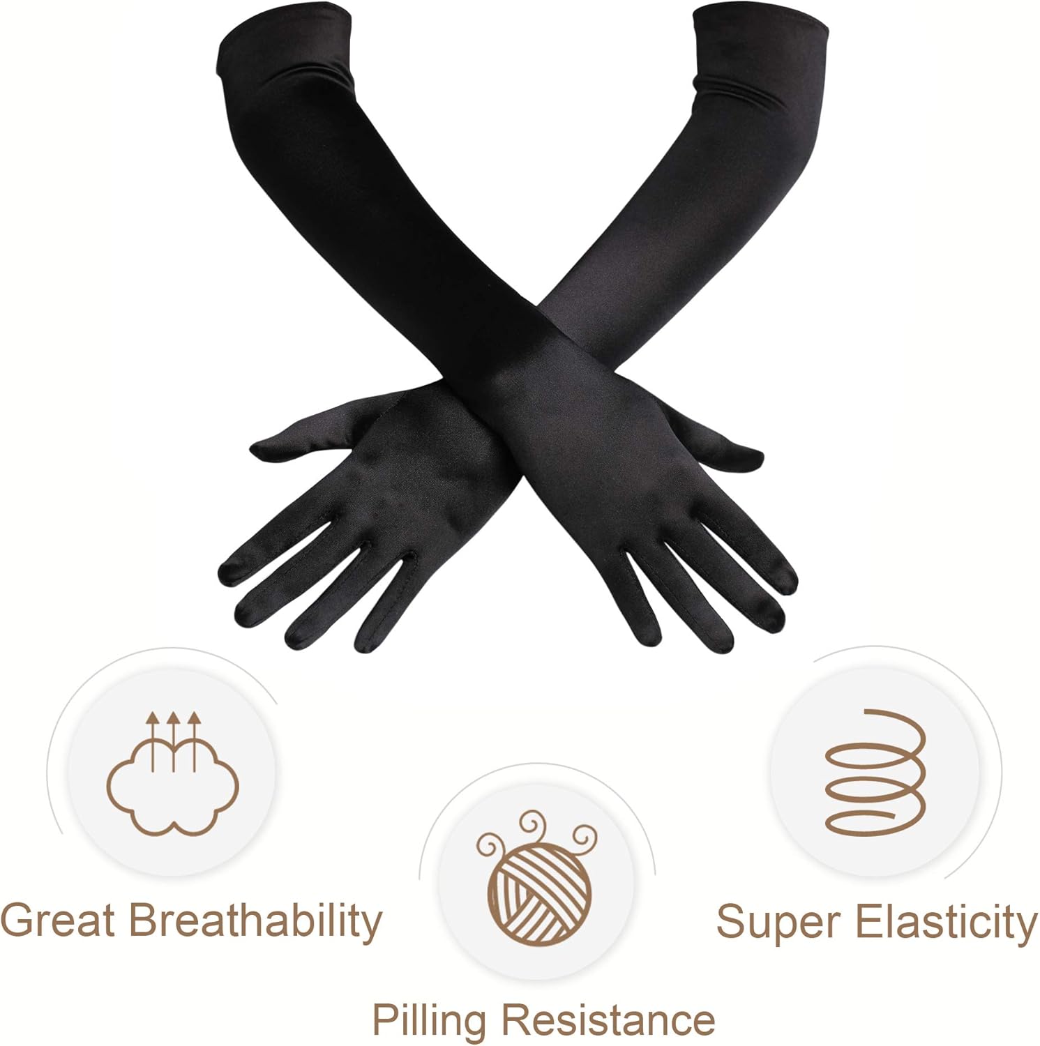 BABEYOND Classic Long Opera Pageant Party 1920s Satin Gloves Stretchy Adult Size Elbow Wrist Length 20.5" (Long Smooth 20.5in/Black): Clothing