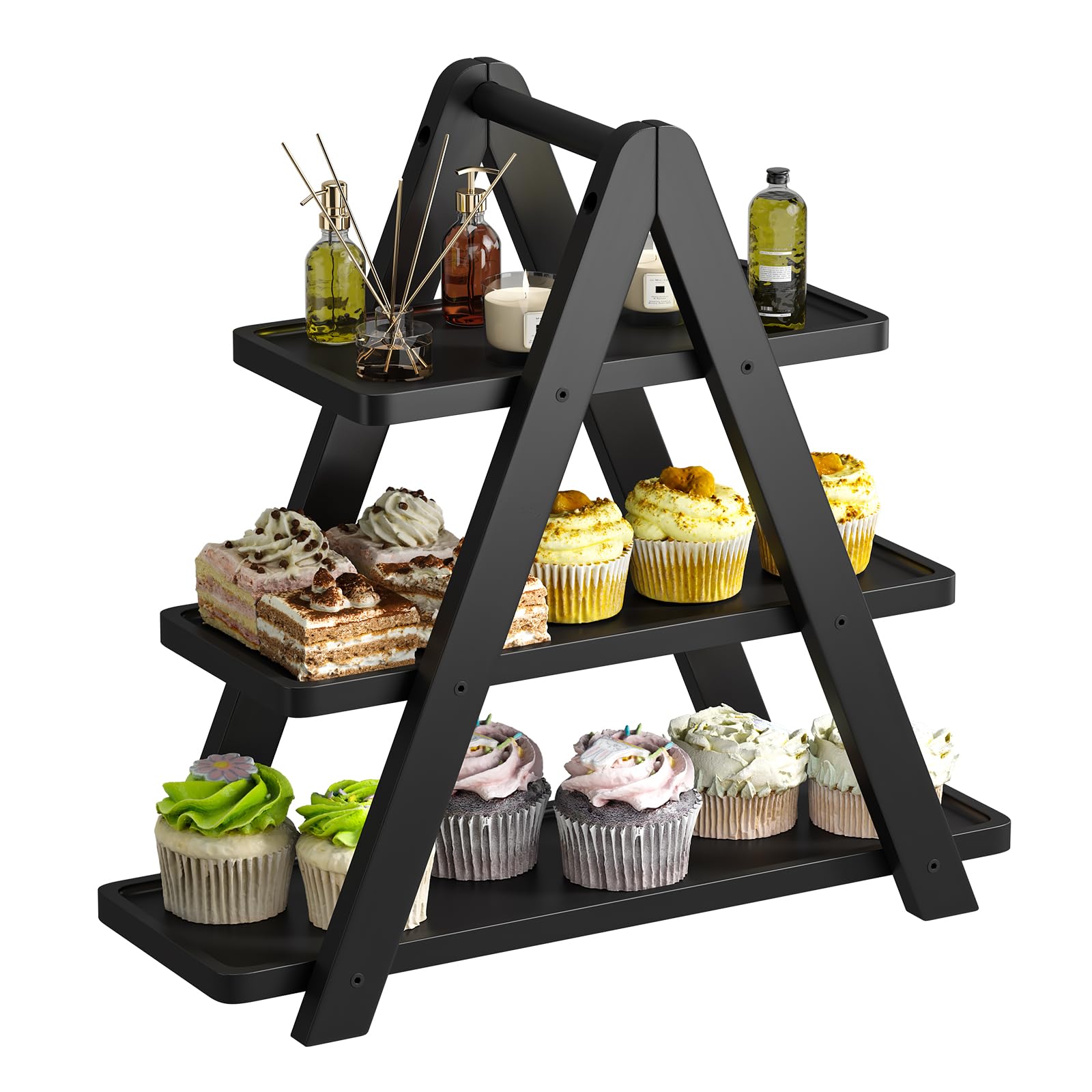 Photo 1 of 3 Tier Serving Tray Cupcake Stand and Towers Serving Tray for Party Food Tray Farmhouse Serving Platter Decorative Tray Decor Dessert Display Set Tiered Tray Stand (Black)