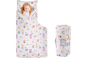 Fainsy Toddler Nap Mat with Pillow and Blanket, 100% Cotton Fabric, Padded Sleeping mat, for Daycare Preschool Pre-k, Kids Boys Girls Extra Long (Princess Castle)