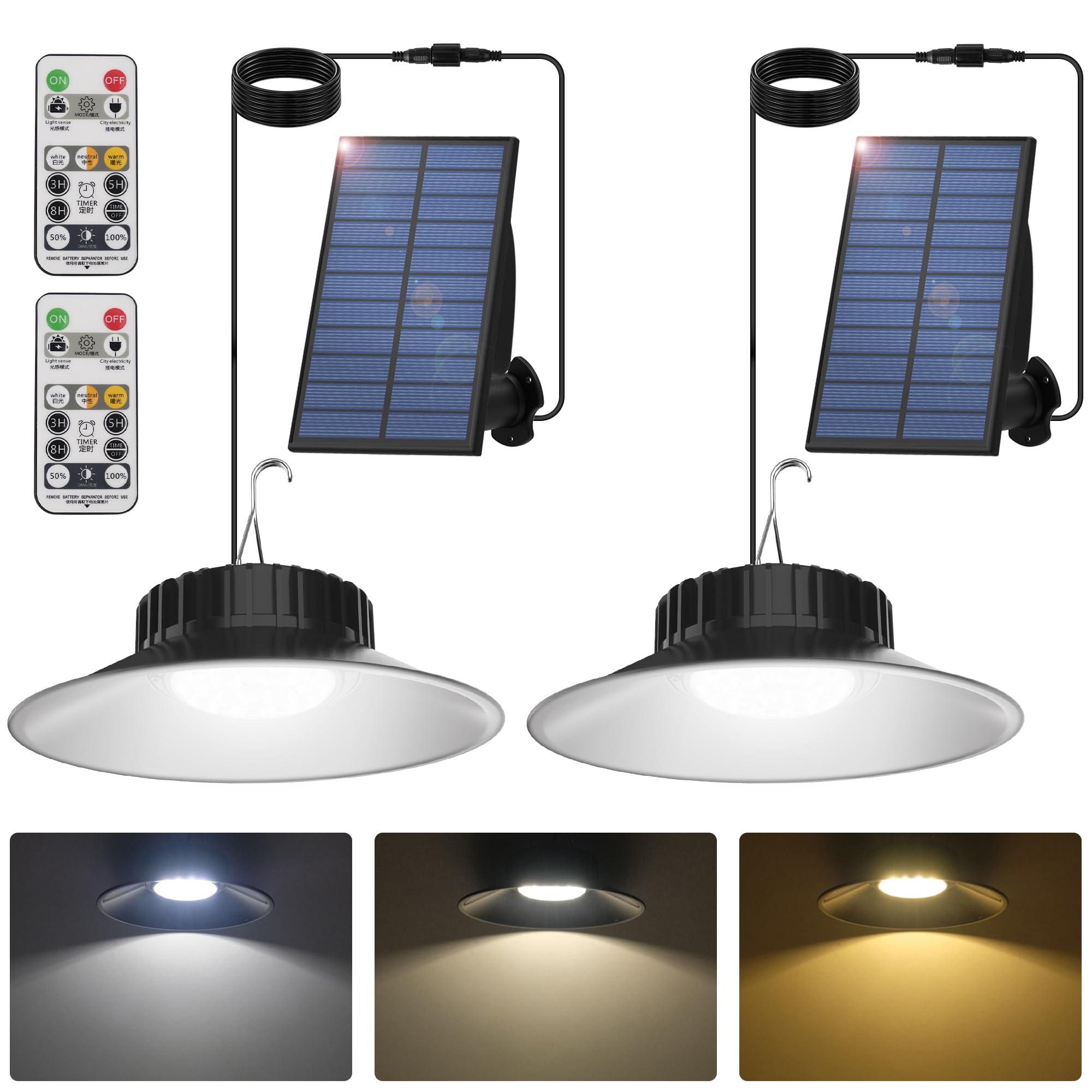 Photo 1 of T-SUN Solar Pendant Light Outdoor, 2 Pack Solar Shed Lights Indoor with Remote Control, IP65 Waterproof Shop Light, 3000K/4000K/6000K, Perfect for Barn Chicken Coop Garage Courtyard Balcony