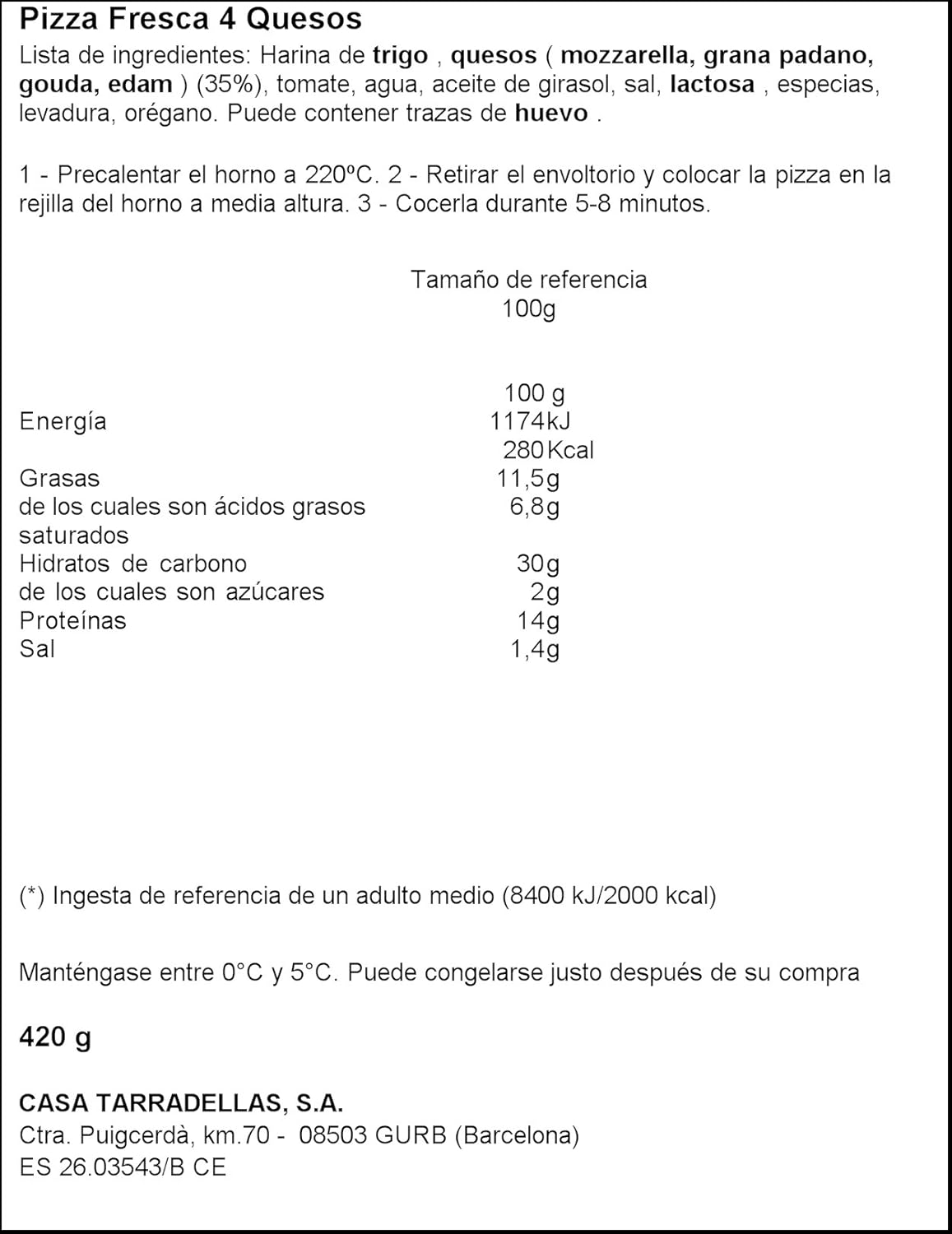 Casa Tarradellas - Pack Pizza Fresca 4 Quesos, 2 x 210 g ...