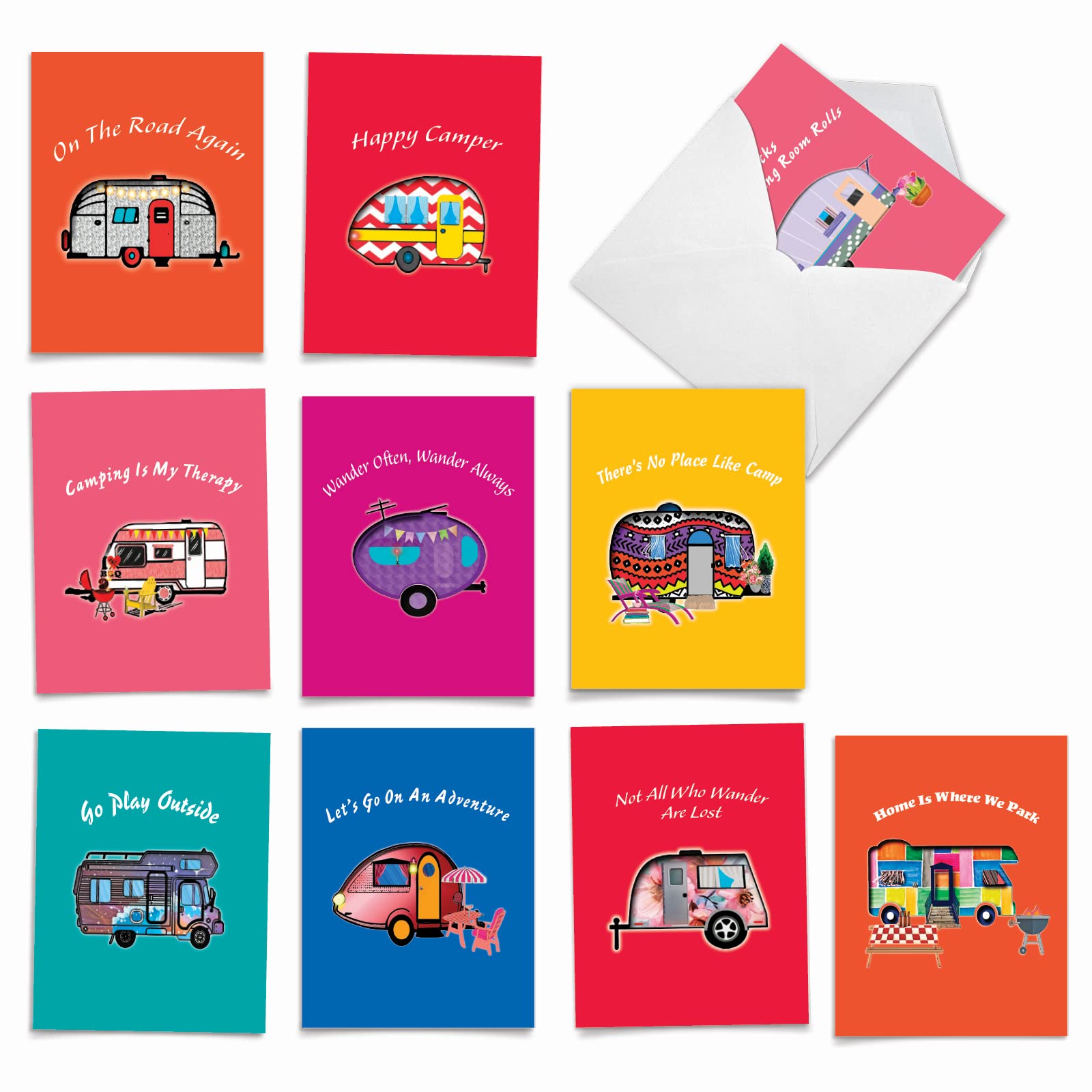 The Best Card Company 10 Assorted Thank You Notecards Boxed Set 4 x 5.12 Inch with Envelopes (10 Designs, 1 Each) Happy Camper AM6413TYG-B1x10