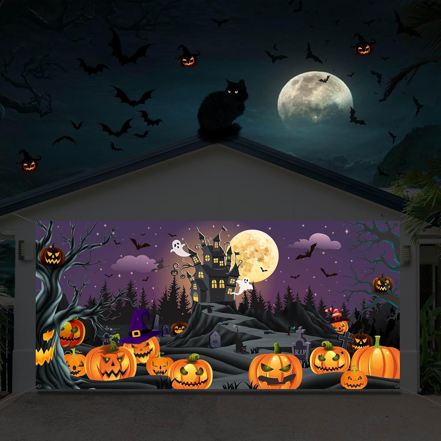 Garage Door Decorations - WovWeave 13 x 6 ft Halloween Garage Door Banner Cover Large Halloween Party Backdrop Banner Outdoor Pumpkin Backdrop Hanging Decor for Halloween Holiday Party Outdoor Wall Background Shoot Booth Props