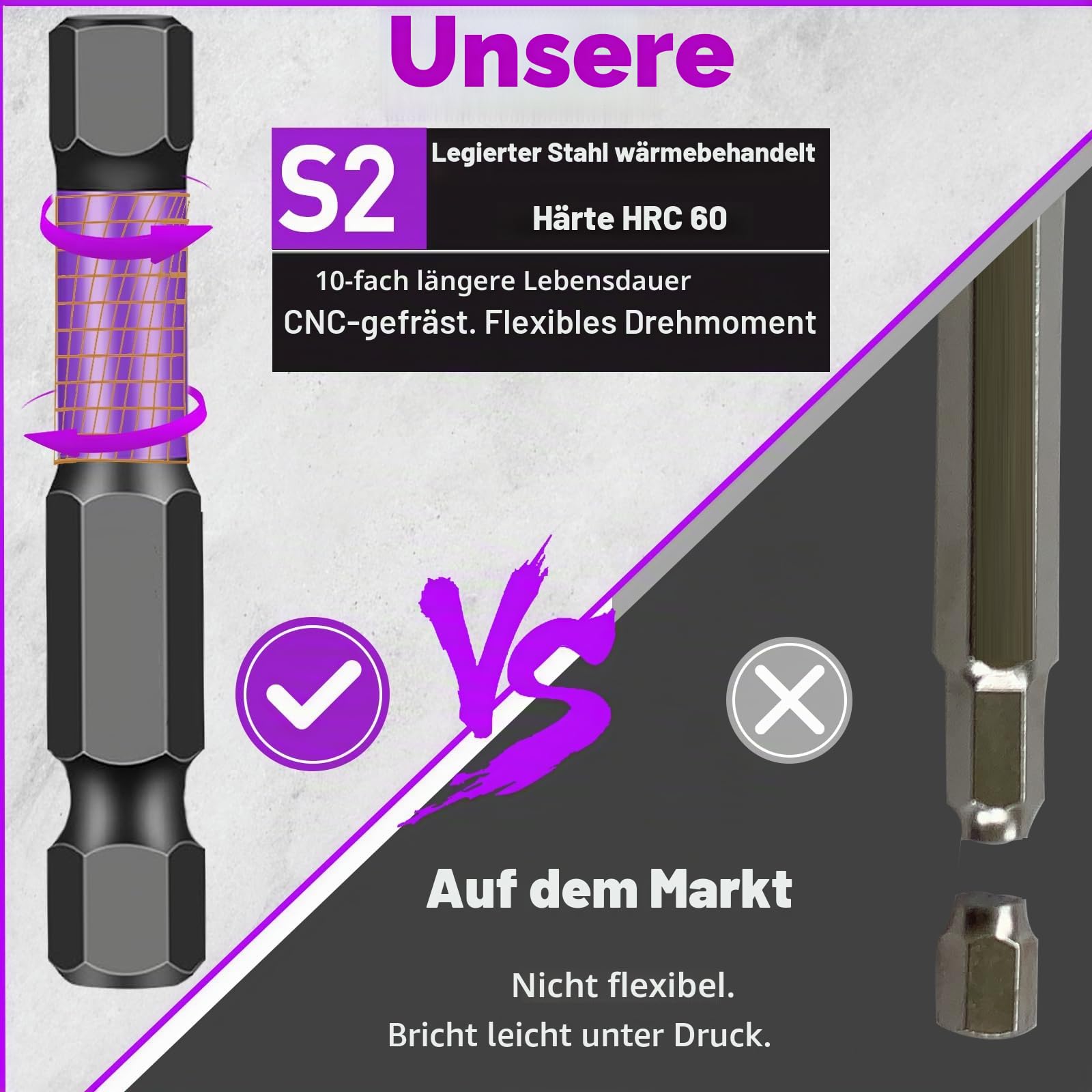 20 Stück Sechskant Bit Set (Metrisch & Kaiserlich),S2 Stahl Magnetische, Magnetische CNC-Spitzen, Hex Sechskant Schraubendreher 50mm Lang, 1/4" Hex Bits Set für Akkuschrauber mit Aufbewahrungsbox 3
