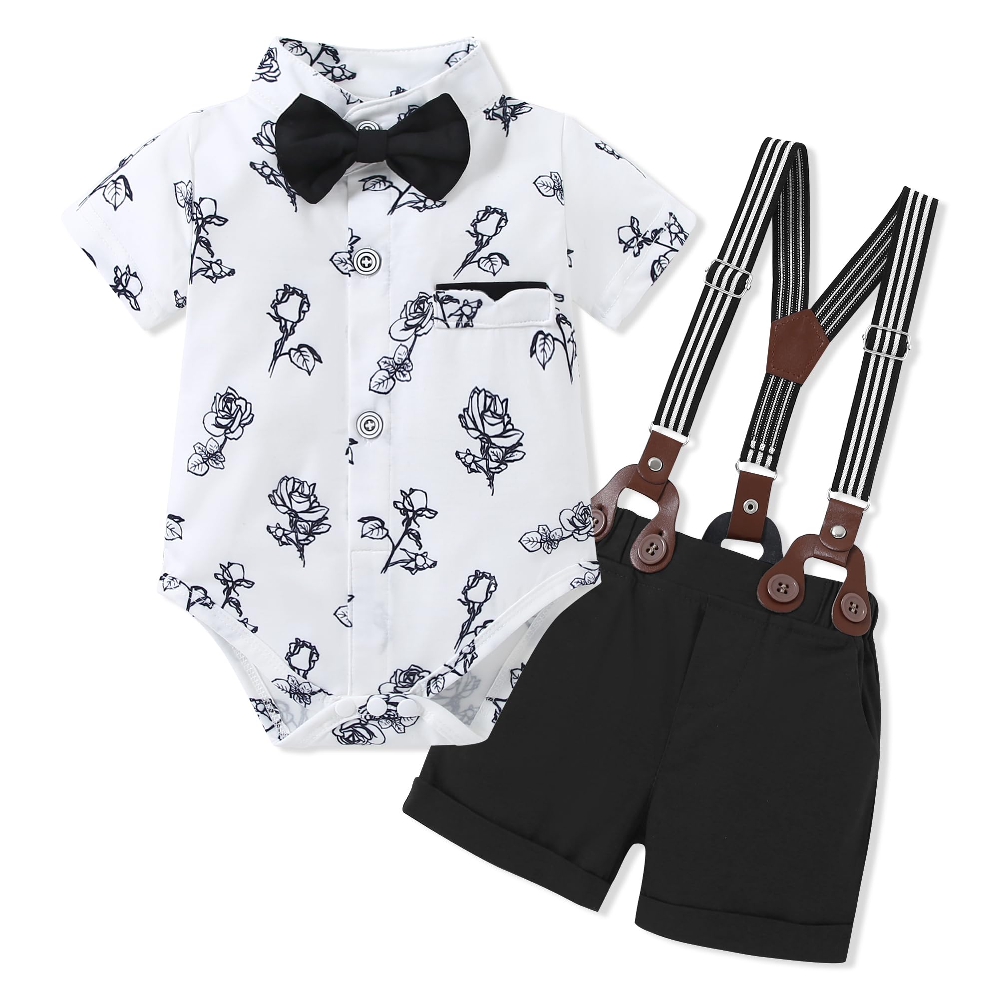 Photo 1 of **USED/DIRTY**1056758245
SOLOYEE Baby Boy Clothes Suits 3-6 Months Infant Gentleman Wedding Outfits, Short Sleeve Shirt + Bowtie + Suspender Shorts Set (Black,3-6 months)