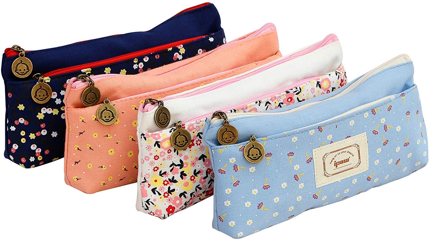 Ipow Set of 4 Pastorable Flower Floral Canvas Double Zipper Large Make Up Cosmetic Pen Pencil Stationery Storage Pouch Bag Case