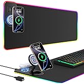 RGB Gaming Mouse Pad Wireless Charging Desk Mat with Foldable Phone Stand, Large LED Gaming Mat 800x350x4mm, 15 Light Modes, Waterproof, Keyboard Pad for PC Computer, Includes 20W PD Power Adapter
